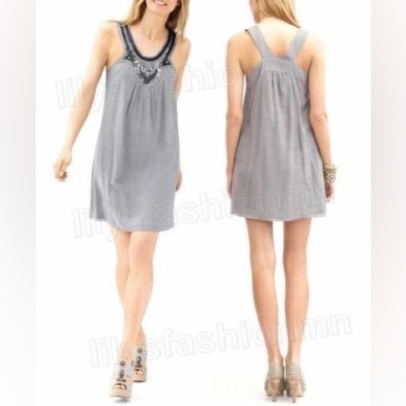 Banana Republic Gray Silk Sequined Beaded Deco 1920's Flapper Style Dress Size 8 - Picture 5 of 17